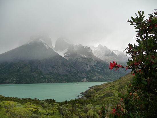 view from the Viewpoint Cuernos over the Lake Nordenskjold to the both Cuerno summits