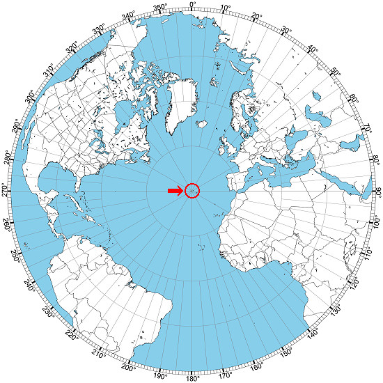 Lage der Azoren - erstellt mit Free Azimuthal Maps von Tom Epperly, NS6T