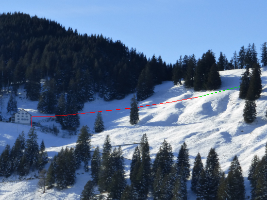 View of the antenna on the hillside - antenna wire red and cord green traced